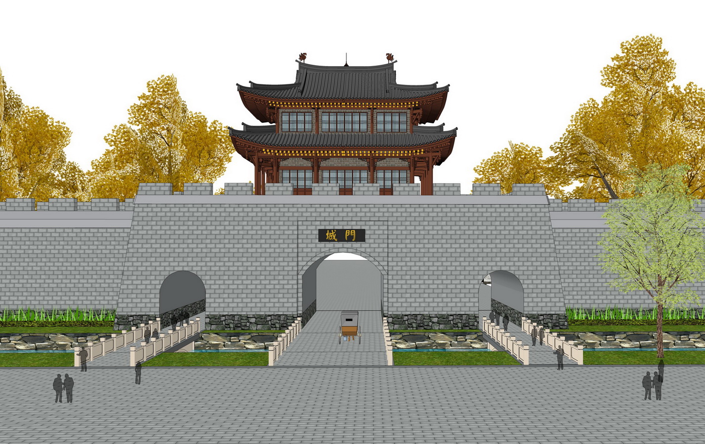 中式城墙围墙su模型