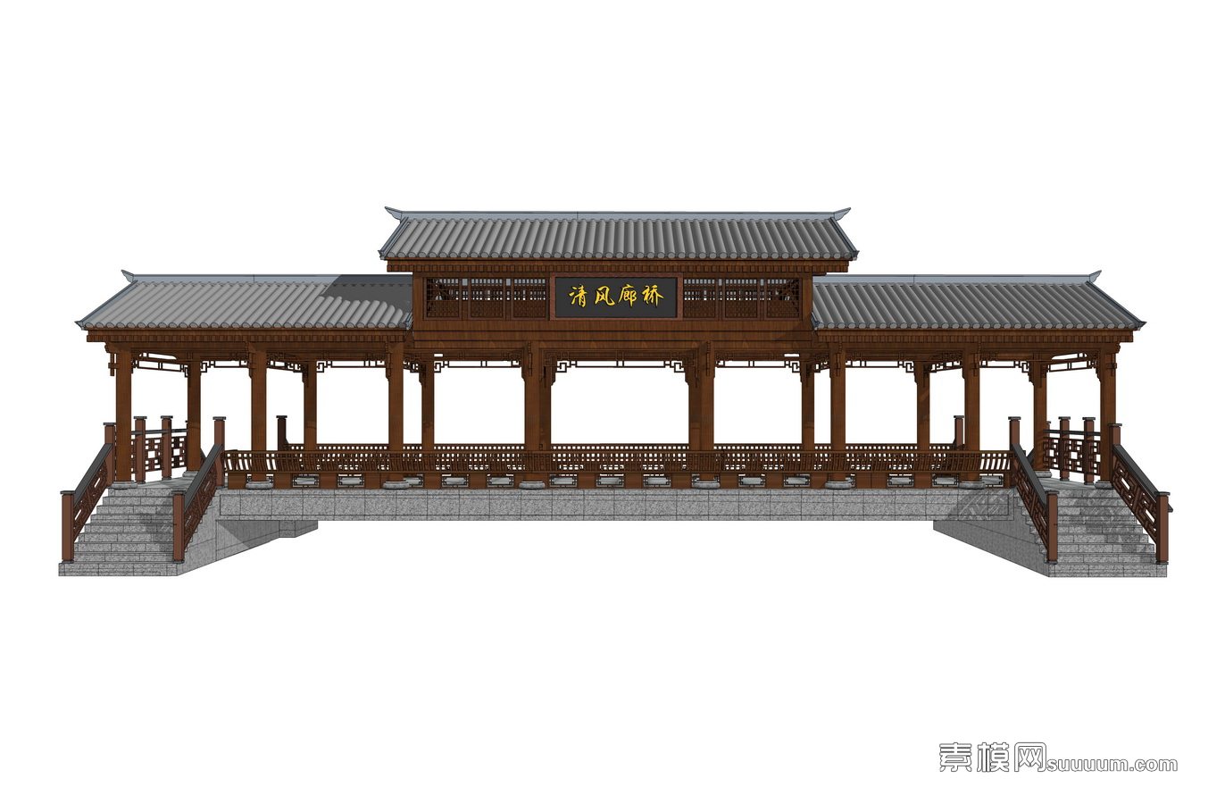 中式廊桥su模型