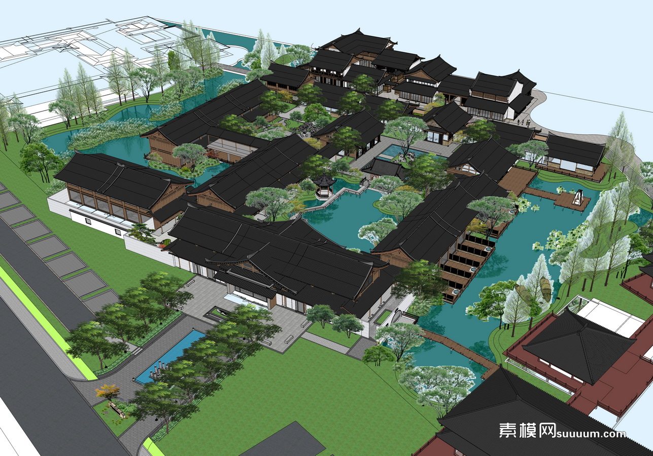 中式园林度假酒店景观su模型