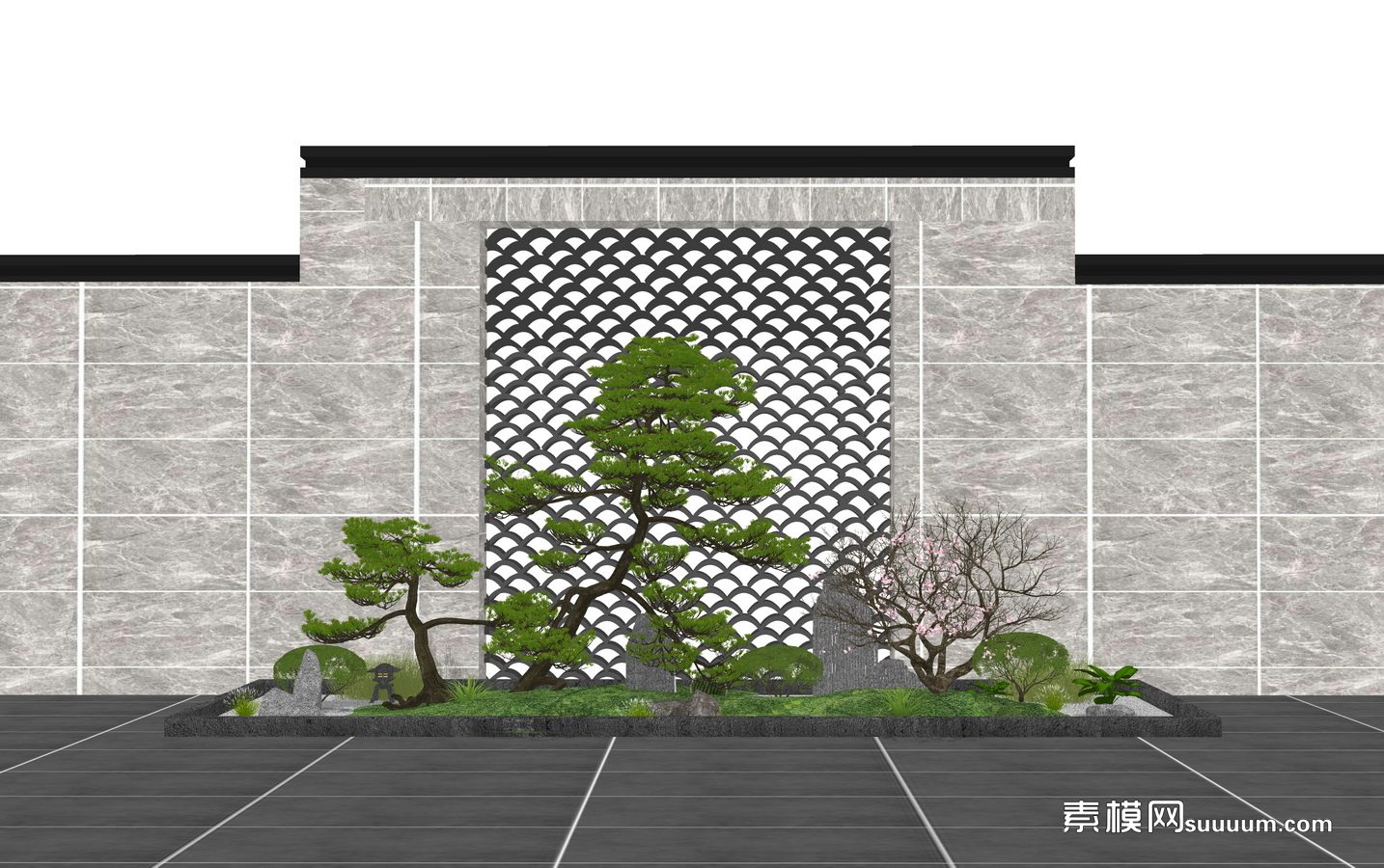 新中式镂空瓦片松树小品景墙su模型