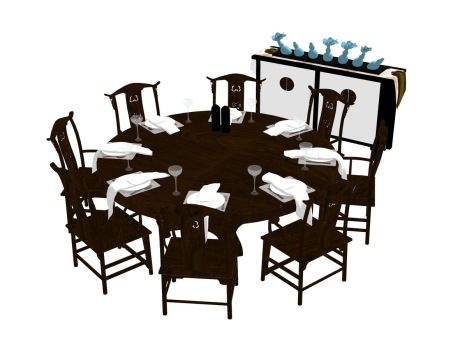 新中式圆餐桌椅组合SU模型