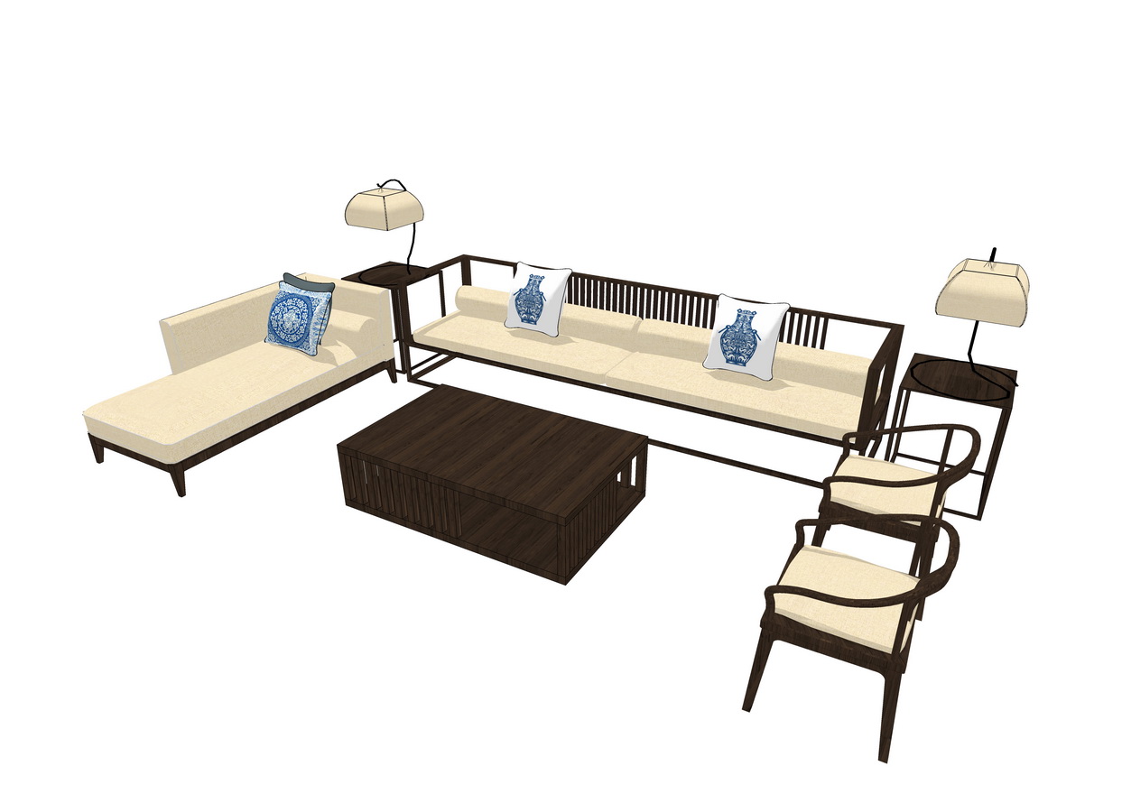 中式沙发茶几组合su模型