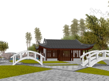 中式古典园林庭院景观SU模型