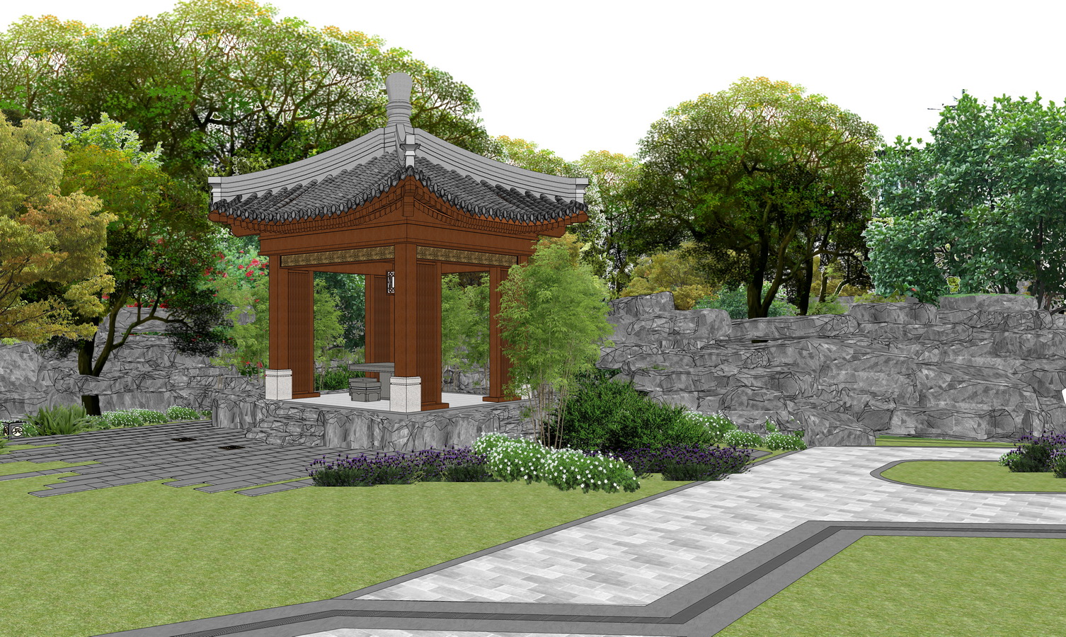 中式公园局部景观su模型