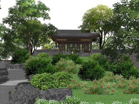 中式小区中庭景观SU模型