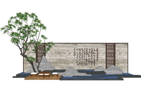 中式山水景墙SU模型