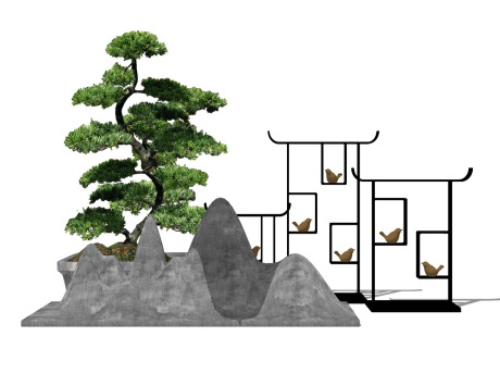 新中式假山松树小品SU模型