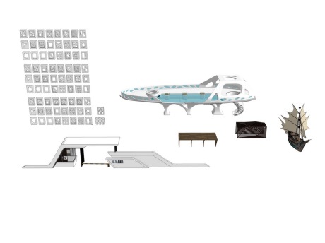 泳池船大门廊架组合SU模型