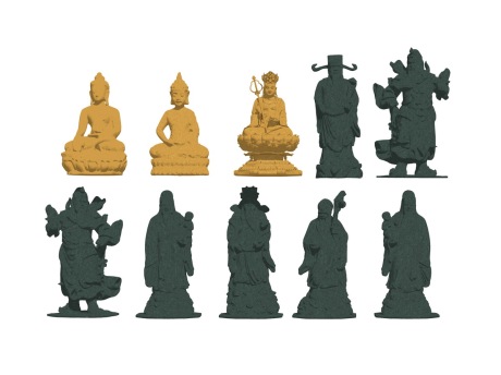 中式观音财神关公佛像雕塑摆件组合SU模型