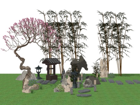 新中式松树庭院景观SU模型
