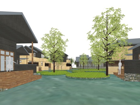 虹夕诺雅风新中式温泉度假村SU模型