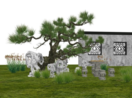 中式假山石庭院景观SU模型