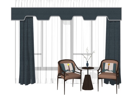 新中式单椅窗帘组合SU模型