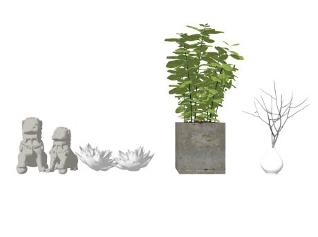 中式石狮子盆栽小品组合SU模型