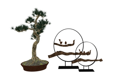 新中式松树盆景摆件组合SU模型