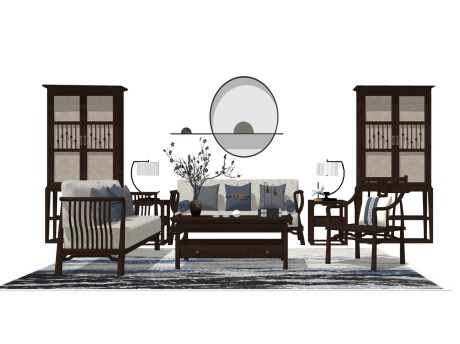 中式沙发茶几组合SU模型