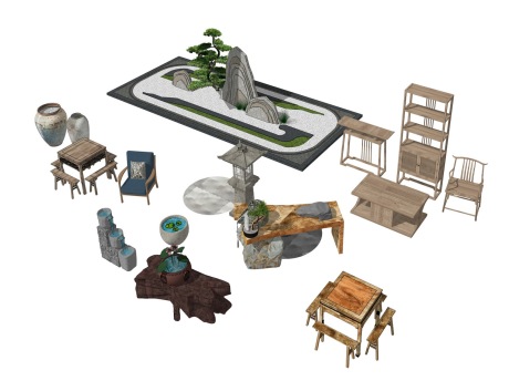 中式枯山水桌椅组合SU模型