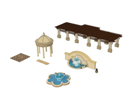 欧式水钵喷泉水景凉亭廊架组合SU模型