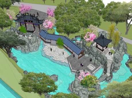 中式古典园林一池三山景观SU模型
