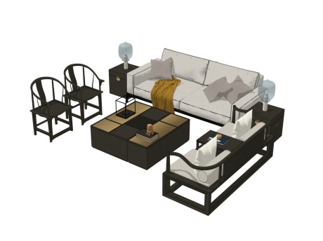 中式沙发茶几组合SU模型
