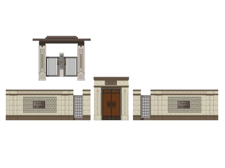 新中式院门+围墙SU模型