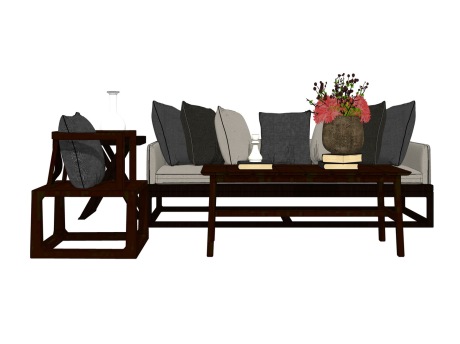 新中式沙发茶几组合SU模型