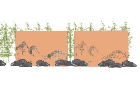 渐变方格穿孔山水景墙SU模型
