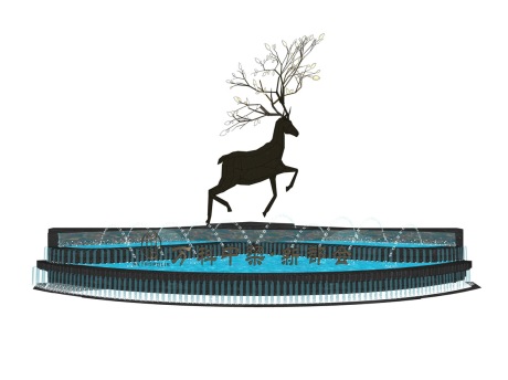 中式水景鹿雕塑SU模型