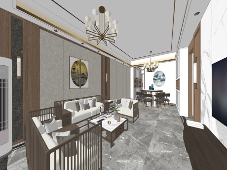 新中式客餐厅茶室SU模型