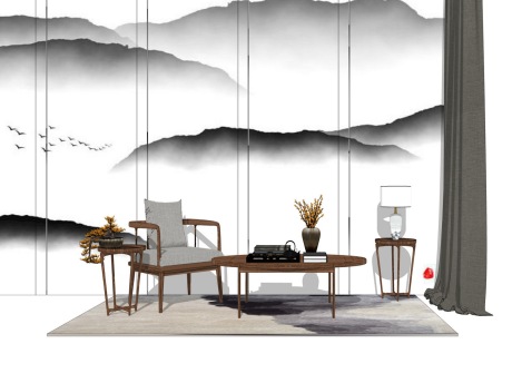 新中式单椅茶几组合SU模型
