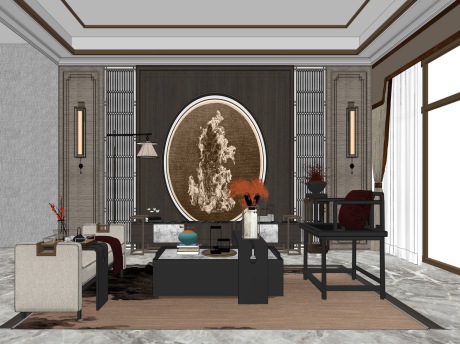 新中式客厅SU模型