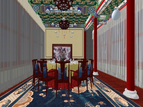 新中式宫廷古典藏式餐厅SU模型