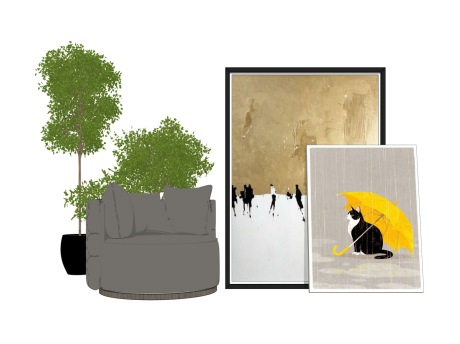 现代单人沙发植物装饰画组合SU模型