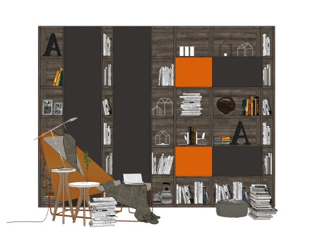 现代书柜单人沙发组合SU模型