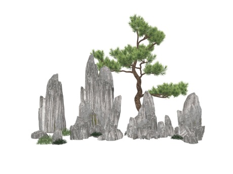 新中式假山松树SU模型