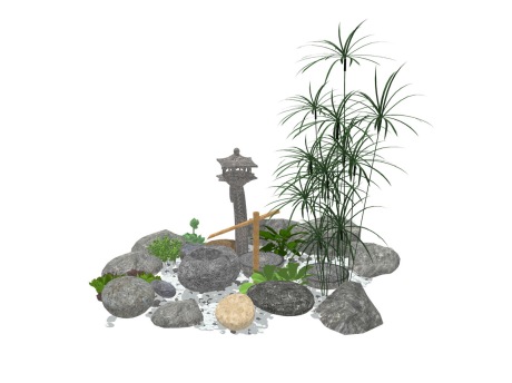 新中式石磨流水水钵惊鹿水景SU模型