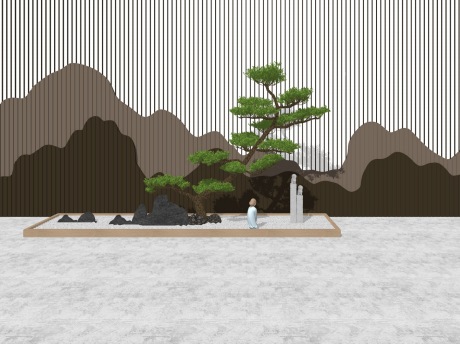 新中式松树片石格栅景墙SU模型
