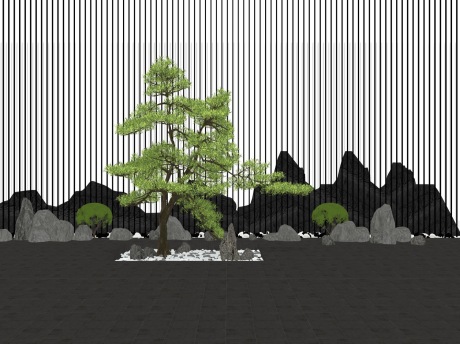 新中式松树片石格栅景墙SU模型