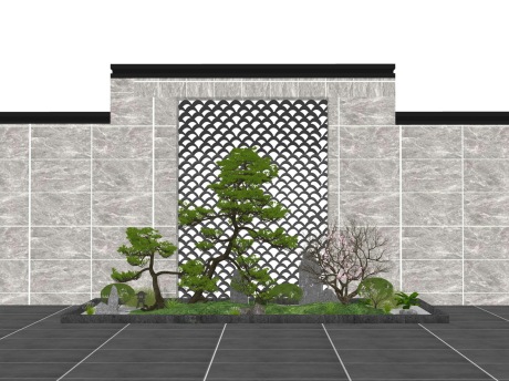 新中式镂空瓦片松树小品景墙SU模型