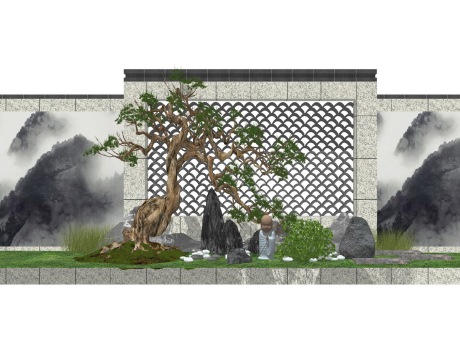 新中式镂空瓦片松树石头景墙SU模型