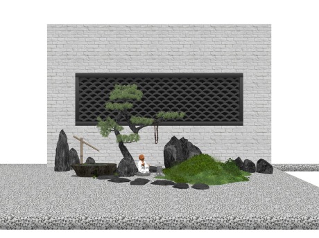 新中式镂空瓦片松树石头水景景墙SU模型