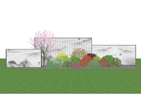 中式景墙+灌木丛SU模型