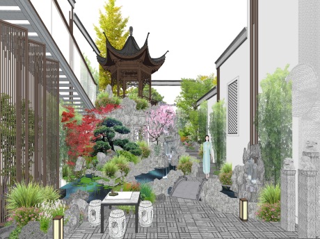 新中式庭院假山水景SU模型
