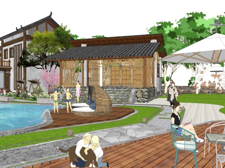 中式民宿庭院景观SU模型