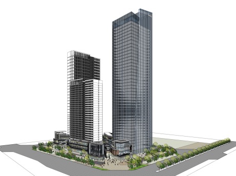 现代办公楼+商业街SU模型