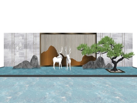 新中式水景假山松树景墙SU模型