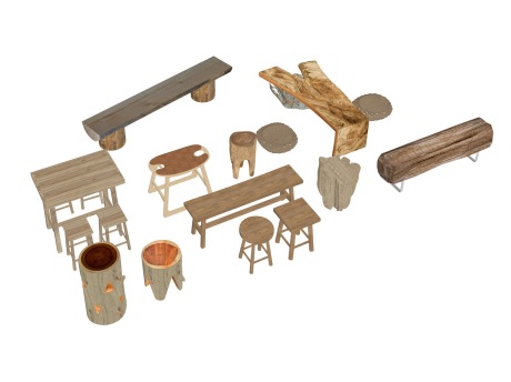 原木凳子桌子矮凳组合SU模型