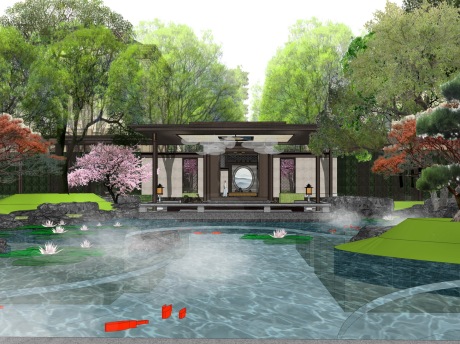 北京中海麓春湖墅中式大区中轴景观SU模型