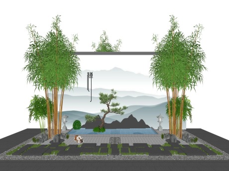 新中式假山竹子水景松树景墙SU模型