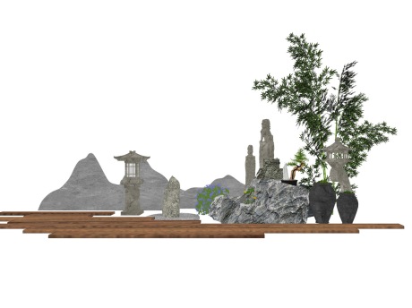 新中式片石假山拴马桩竹子小品SU模型